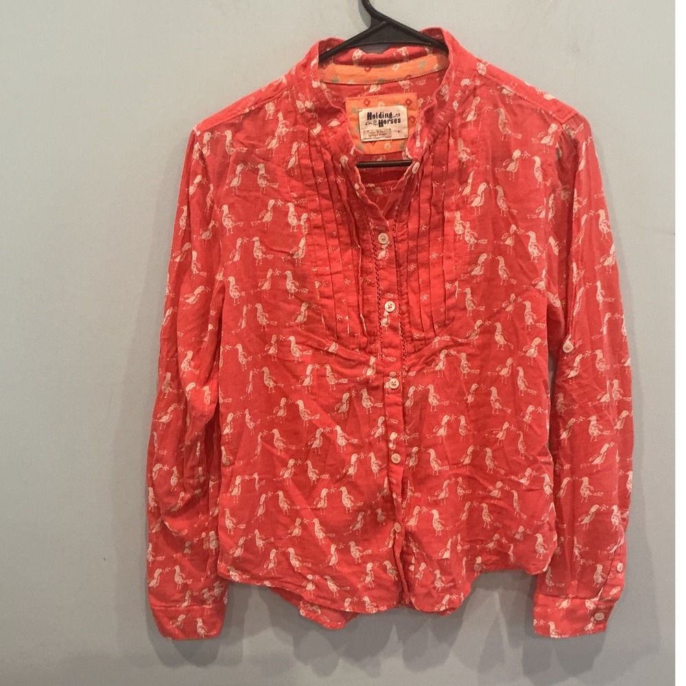 Holding Horses Womens Lightweight Cotton Button Up Shirt Sz 4 Bird Print Whimsy